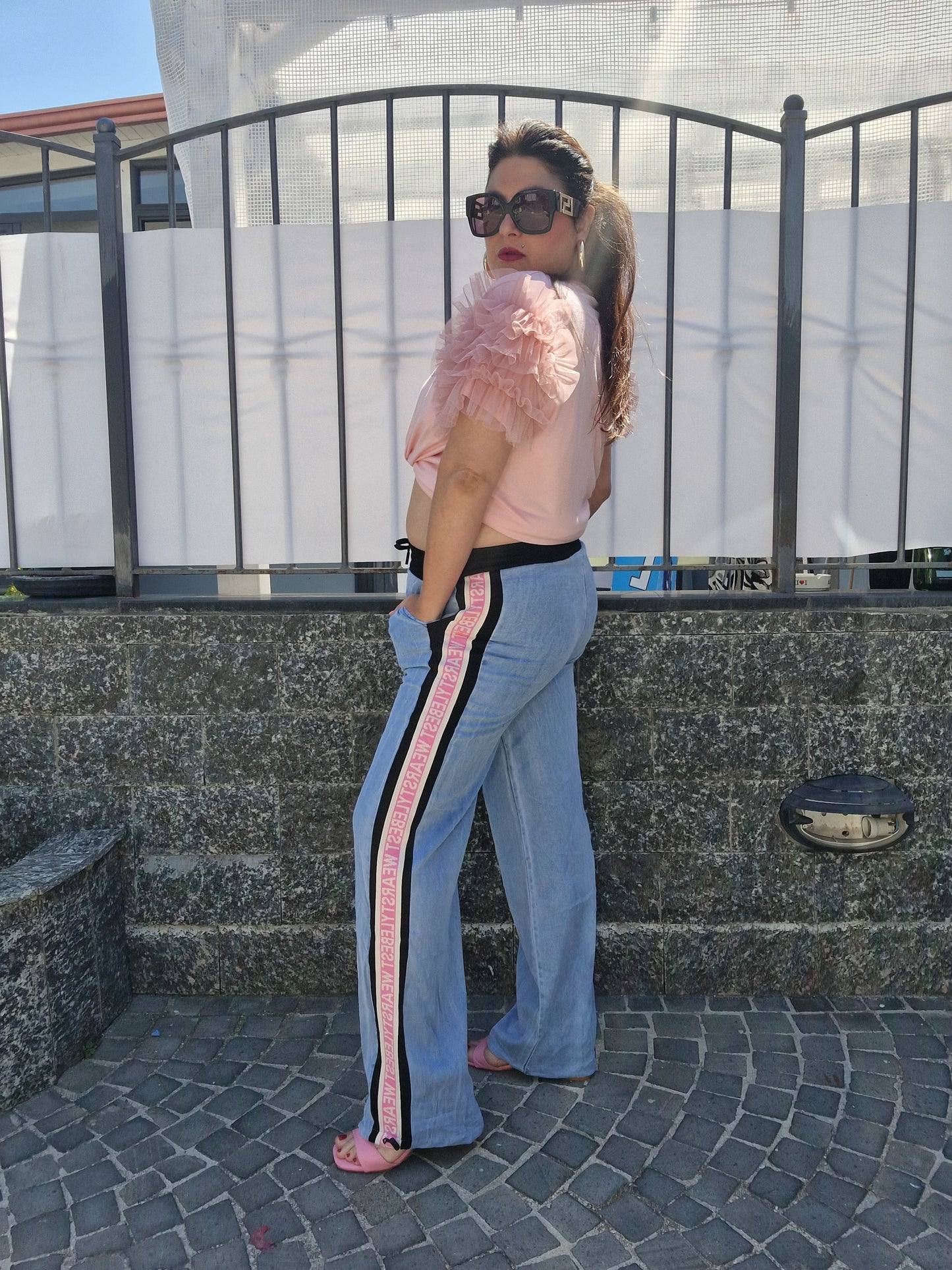 Jeans banda laterale rosa