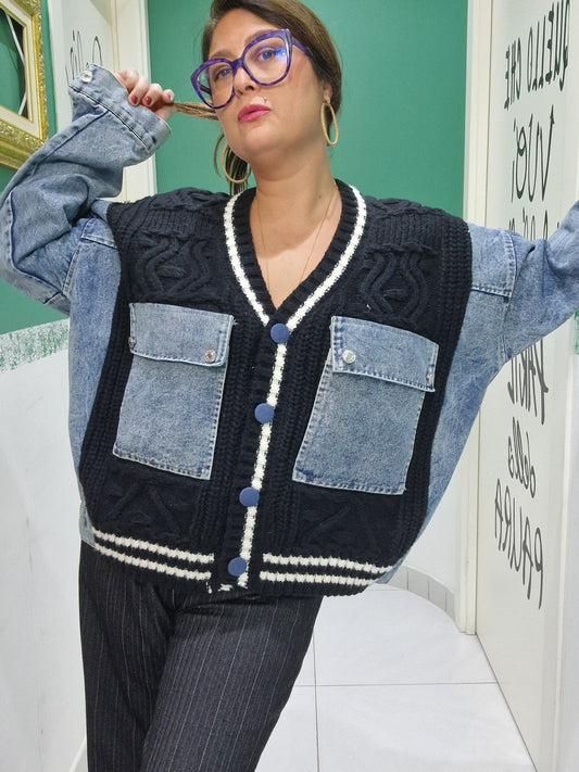 Cardigan con inserti in jeans