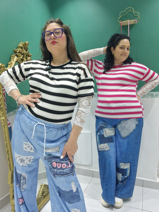 Shirt righe manica merletto