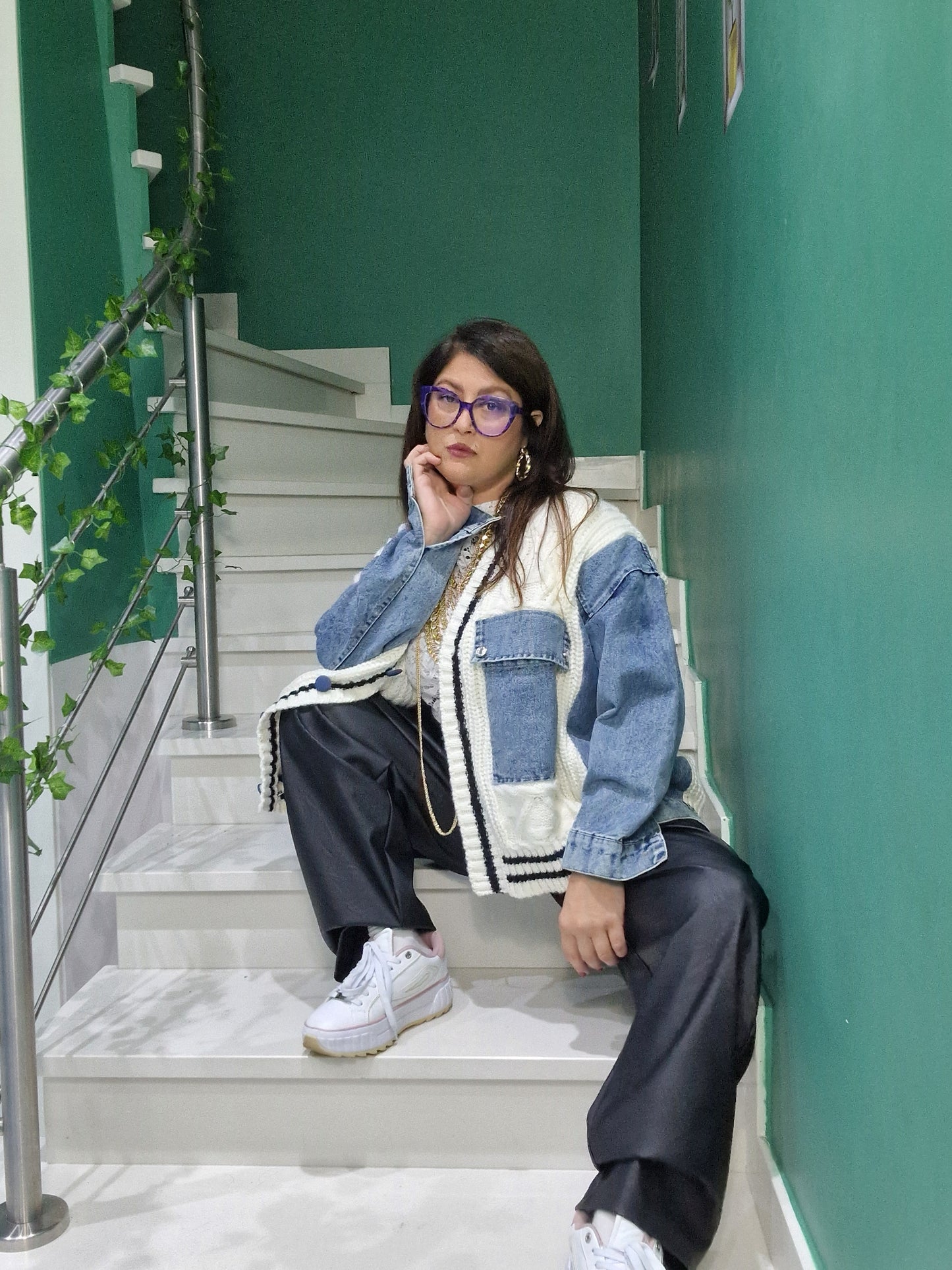 Cardigan con inserti in jeans