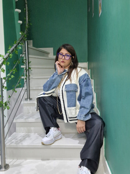 Cardigan con inserti in jeans