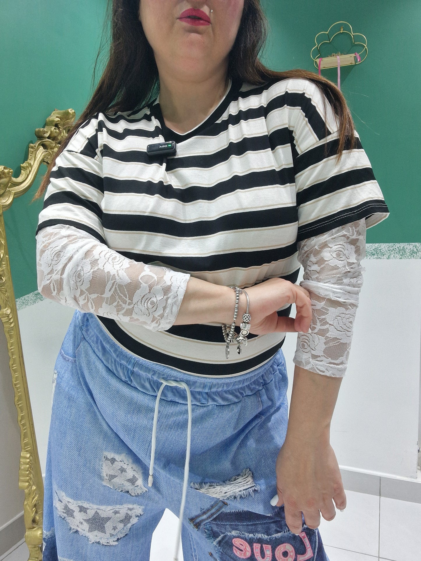Shirt righe manica merletto