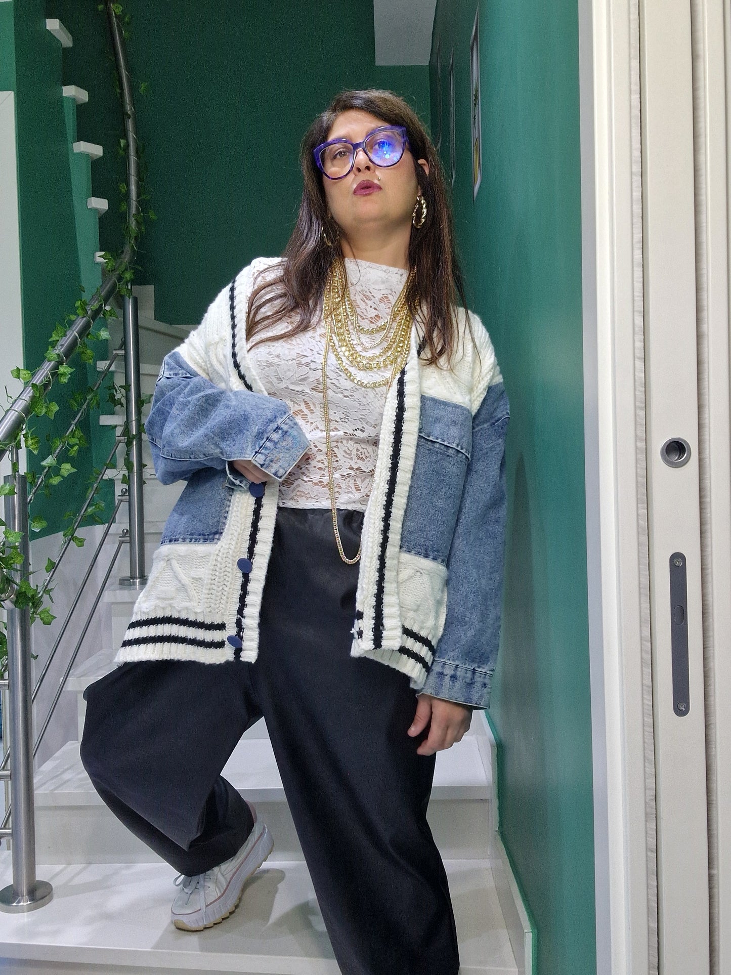 Cardigan con inserti in jeans